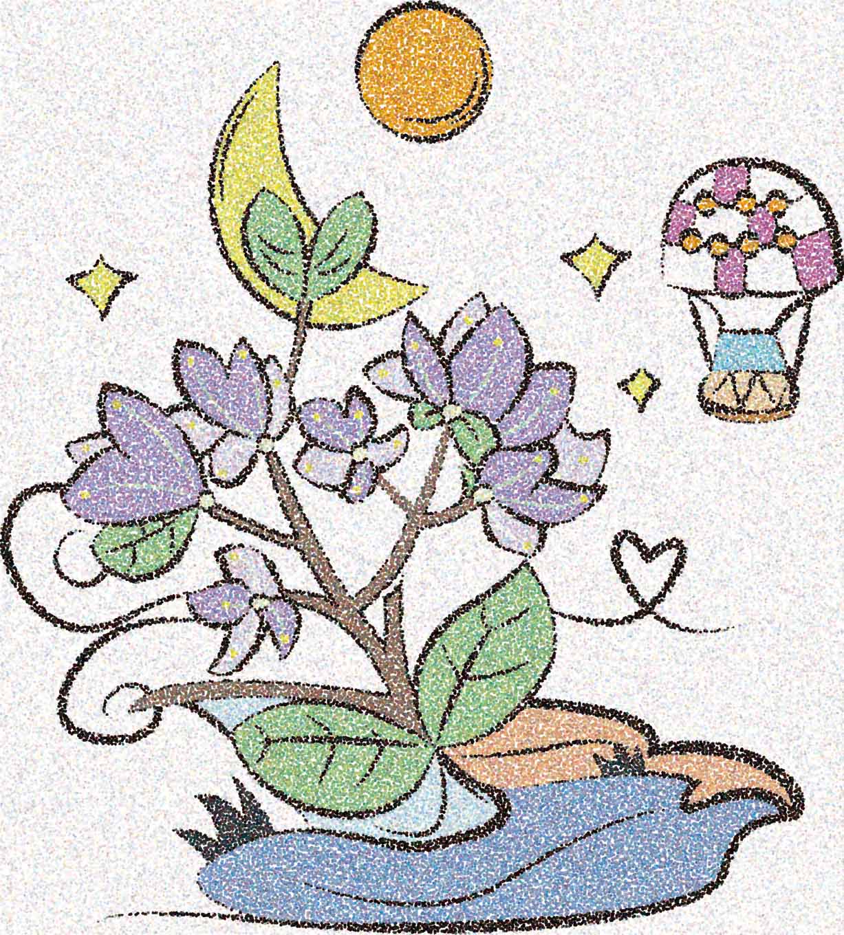 CHATHEEPAT illustration: a purple flowering tree under the moon and sun, with a hot-air balloon