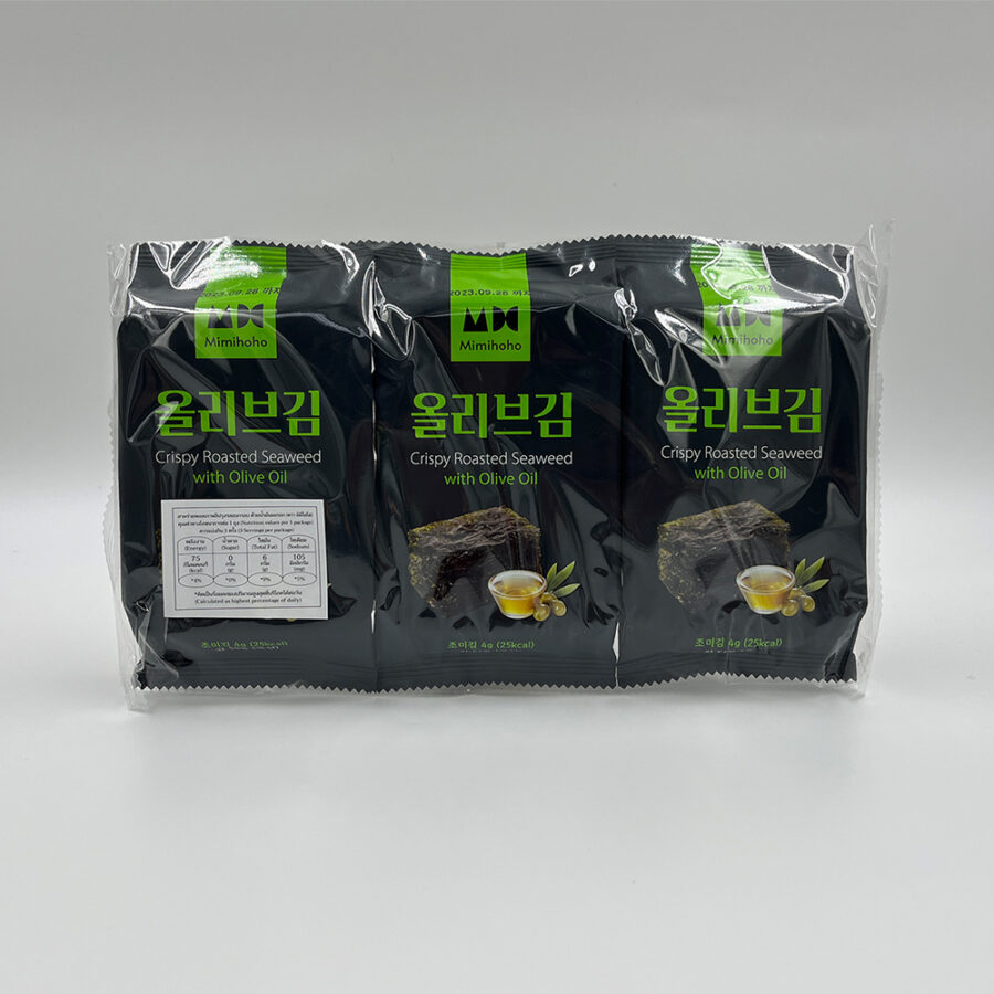 [1 ถุง, 3 ซอง] สาหร่ายทะเลเกาหลีปรุงรสอบกรอบ ด้วยน้ำมันมะกอก (Olive Oil) - Image 3